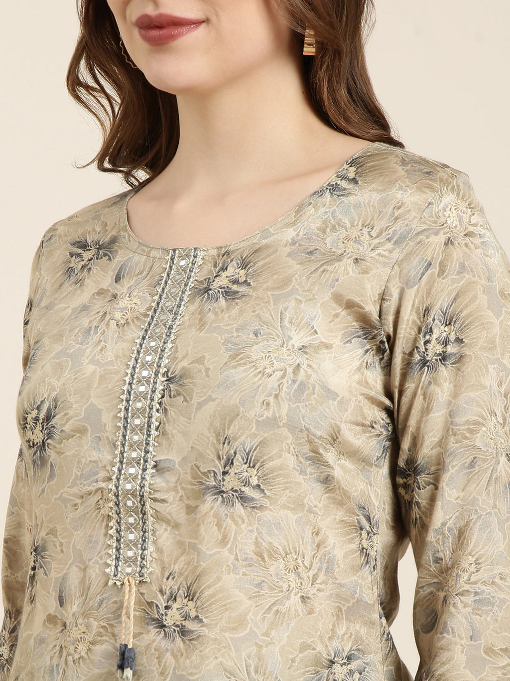 Women's Straight Beige Floral Kurta