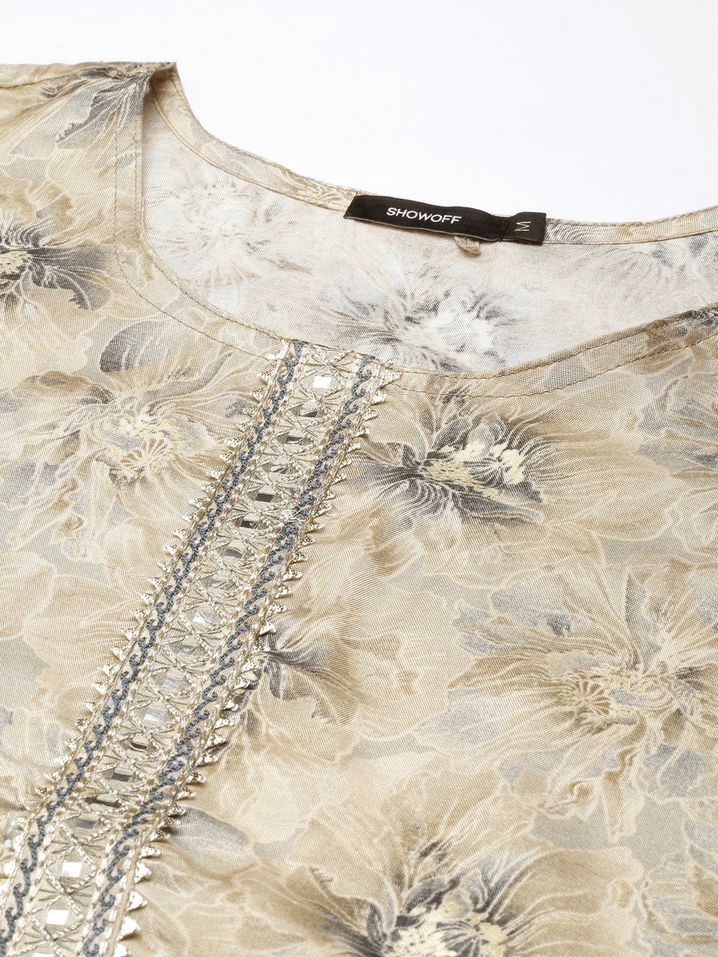 Women's Straight Beige Floral Kurta