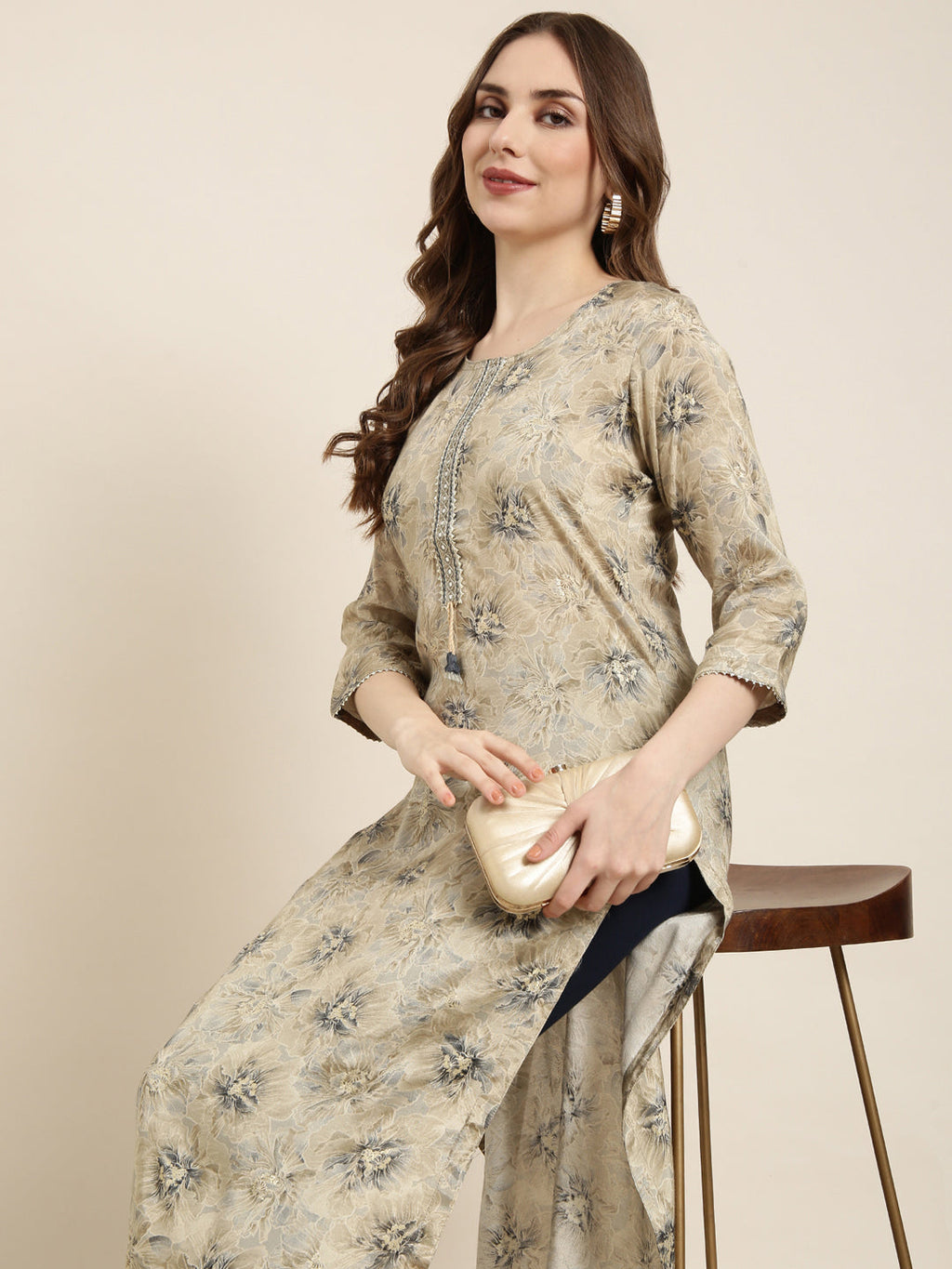 Women's Straight Beige Floral Kurta