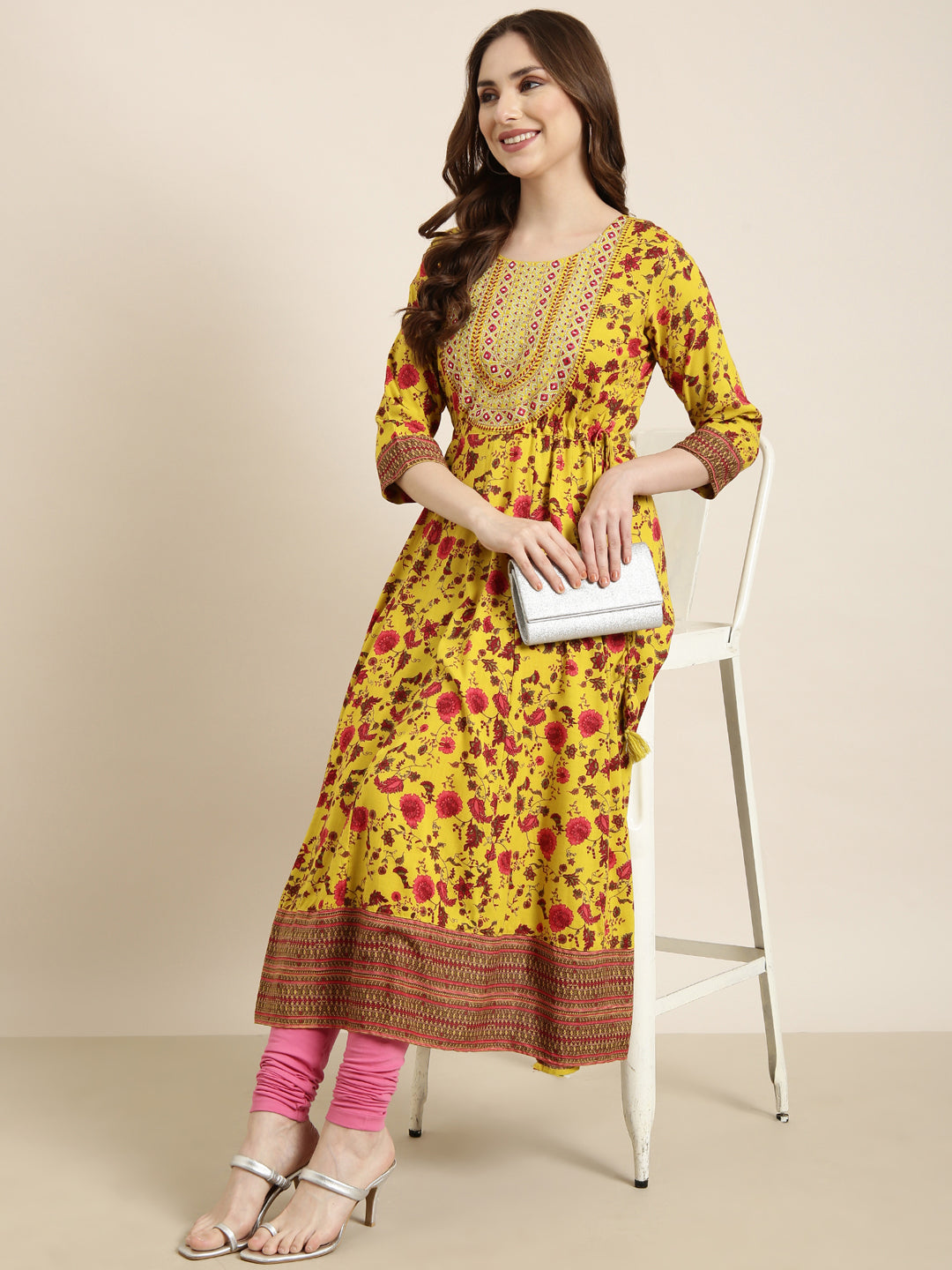 Women's Anarkali Yellow Floral Kurta