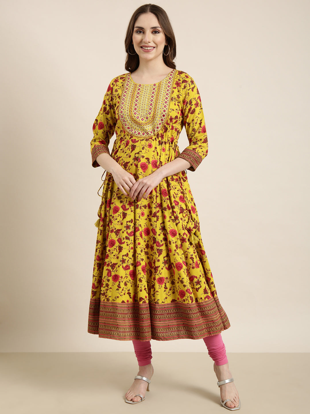 Women's Anarkali Yellow Floral Kurta