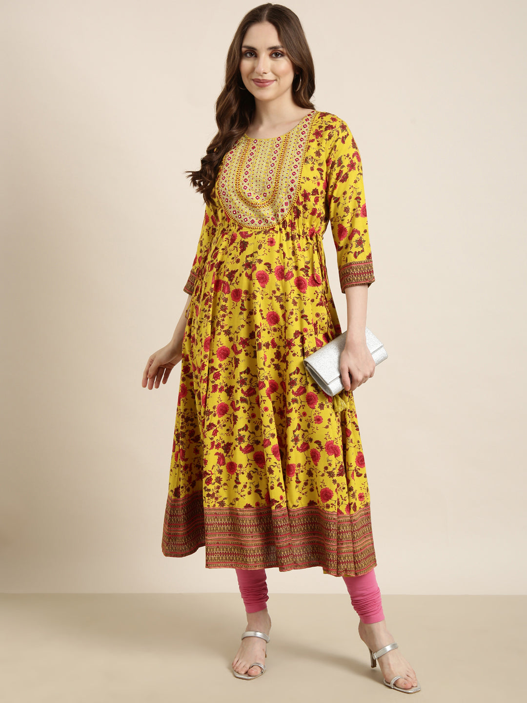 Women's Anarkali Yellow Floral Kurta
