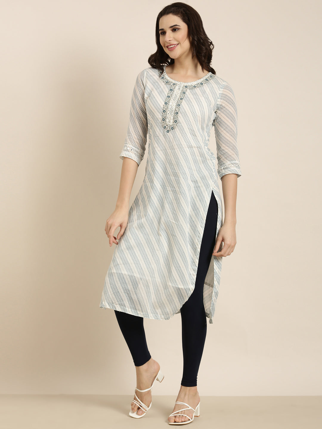 Women's Straight White Abstract Kurta