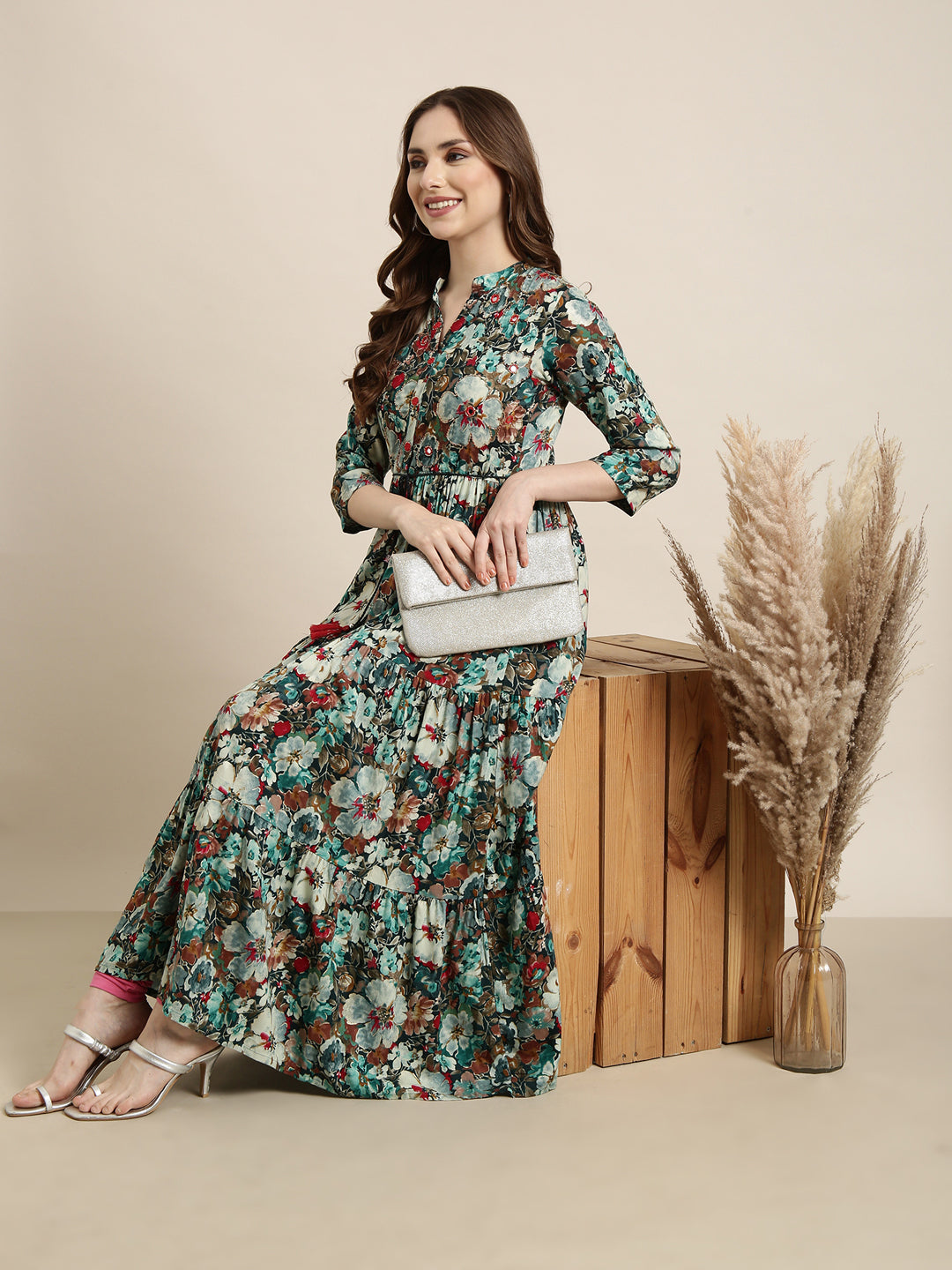 Women's Anarkali Floral Teal Kurta