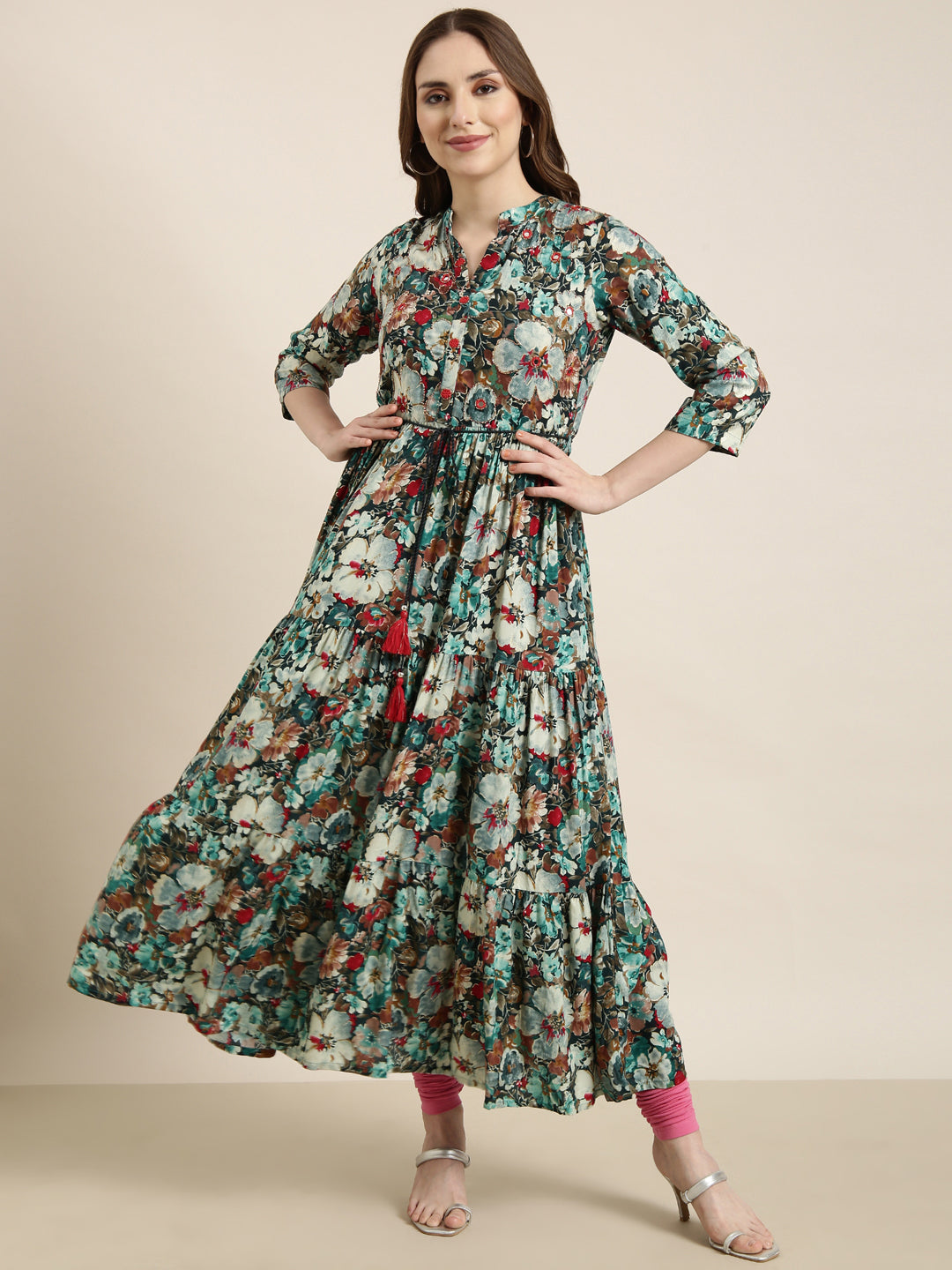 Women's Anarkali Floral Teal Kurta