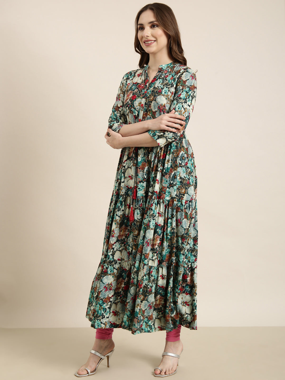 Women's Anarkali Floral Teal Kurta