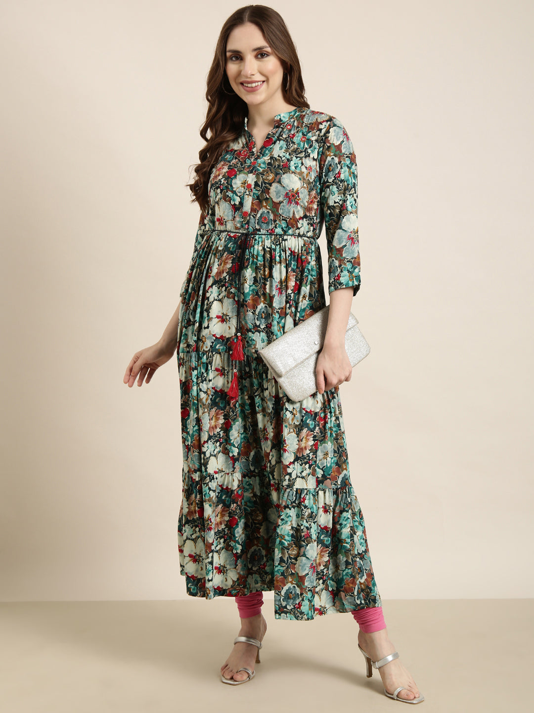Women's Anarkali Floral Teal Kurta