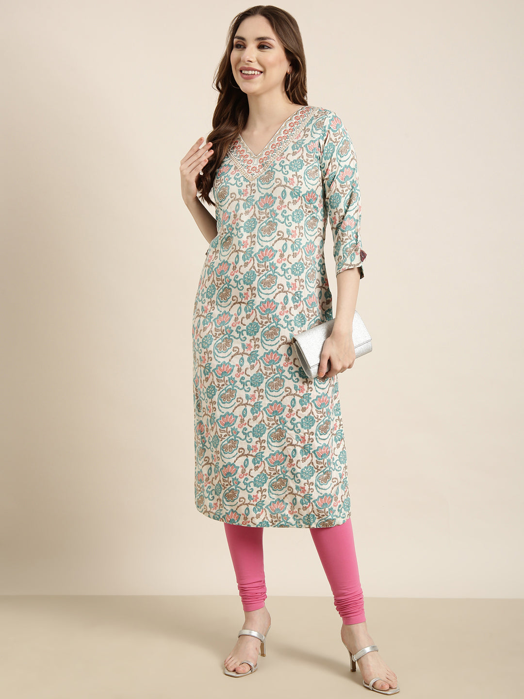 Women's Straight Turquoise Blue Floral Kurta