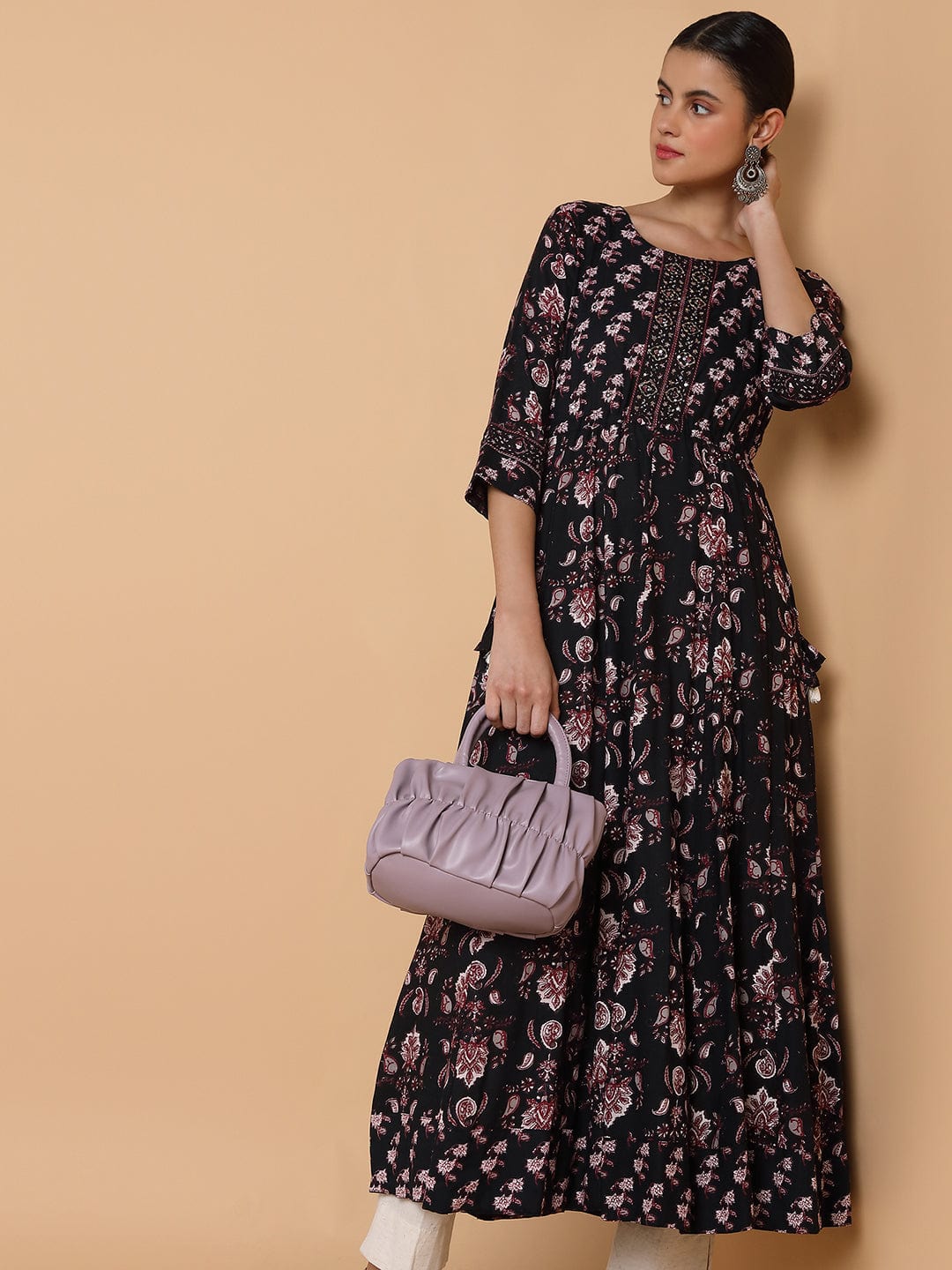 Women's Floral Sequins Black Anarkali Kurta