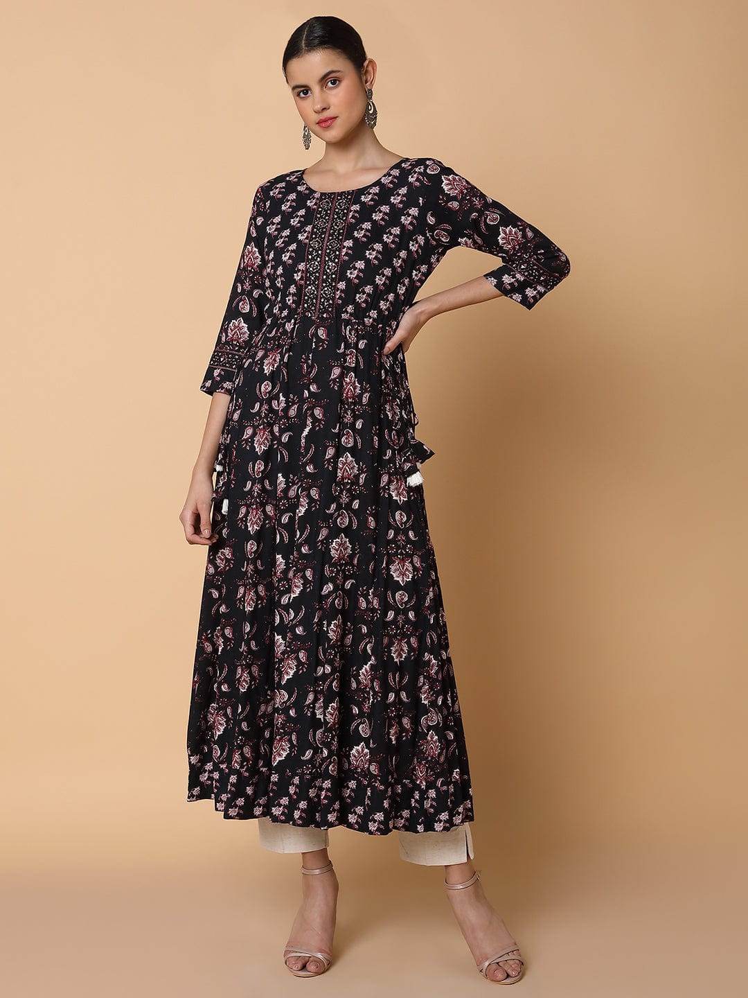 Women's Floral Sequins Black Anarkali Kurta