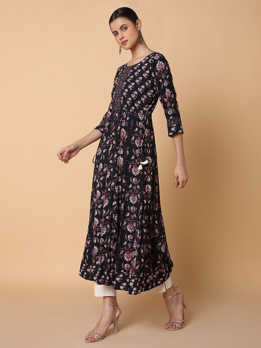 Women's Floral Sequins Black Anarkali Kurta