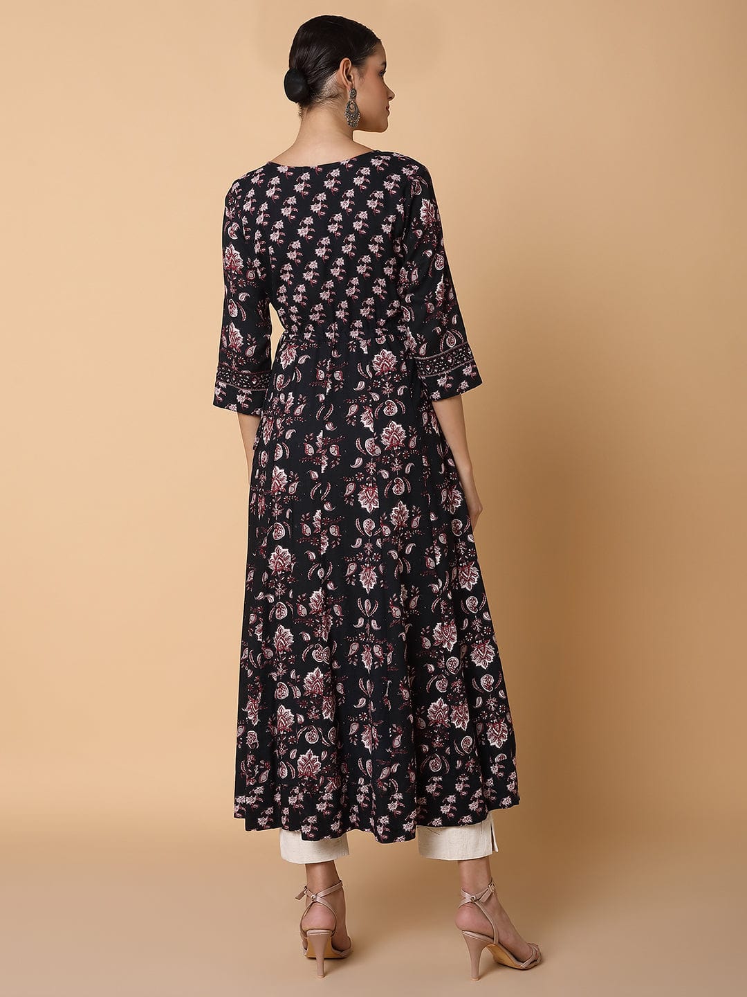 Women's Floral Sequins Black Anarkali Kurta
