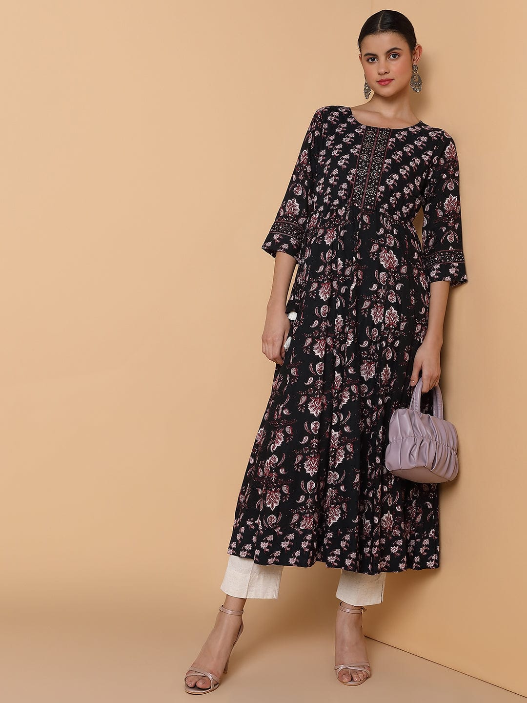 Women's Floral Sequins Black Anarkali Kurta