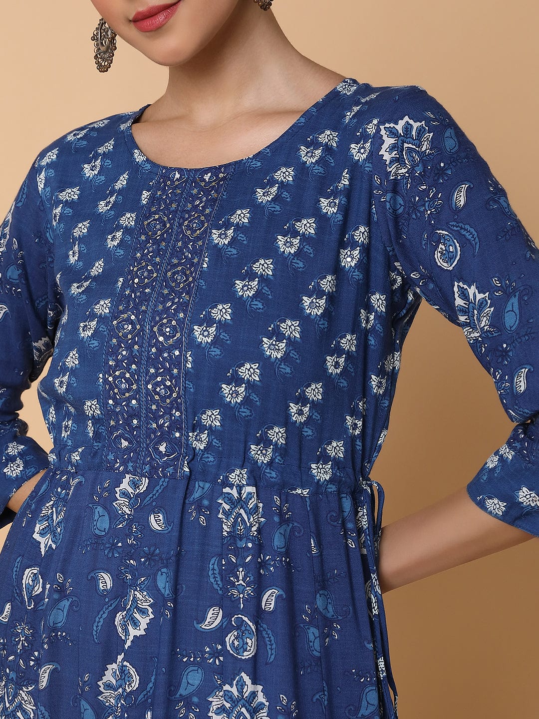 Women's Floral Sequins Blue Anarkali Kurta