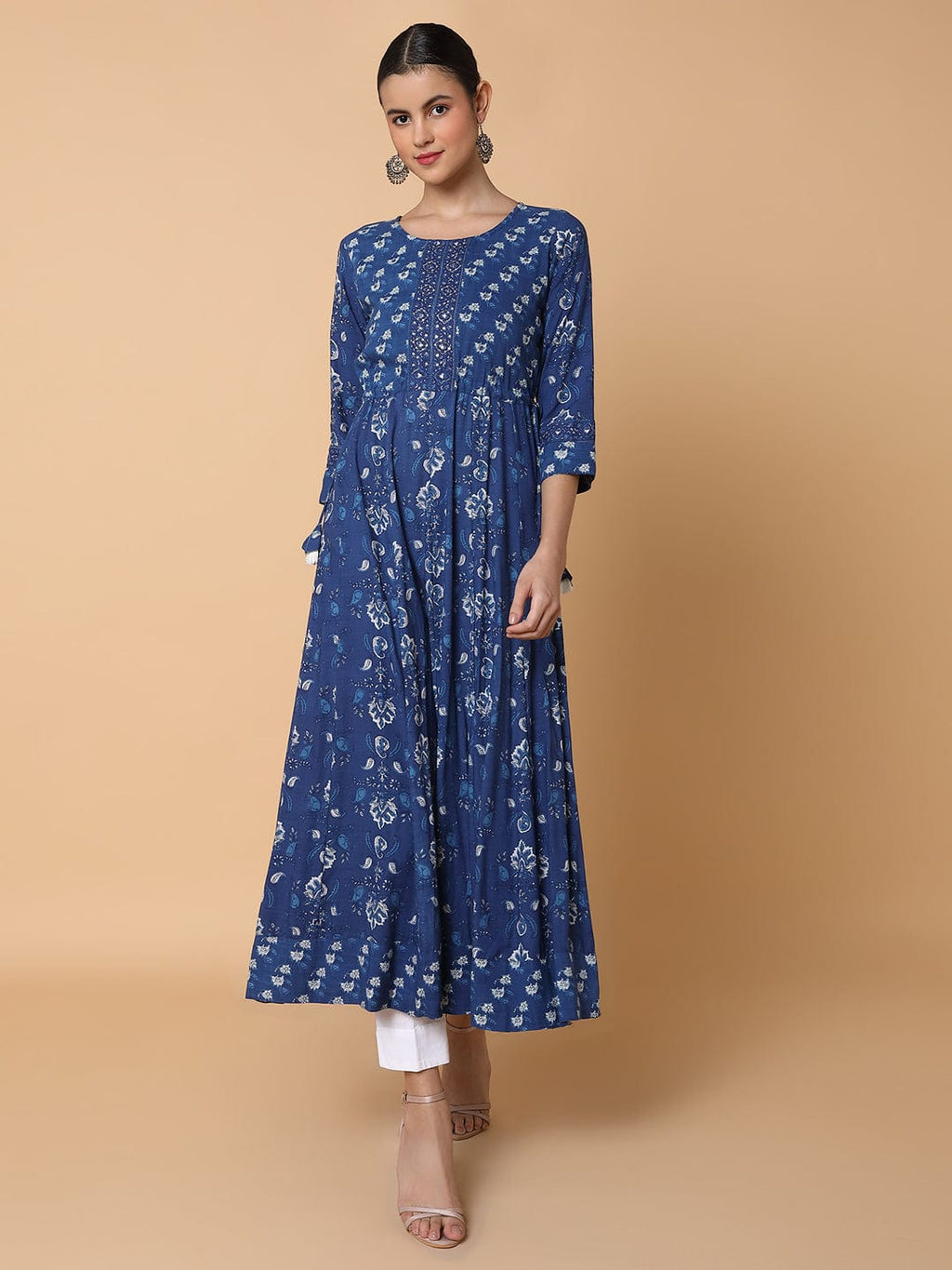 Women's Floral Sequins Blue Anarkali Kurta