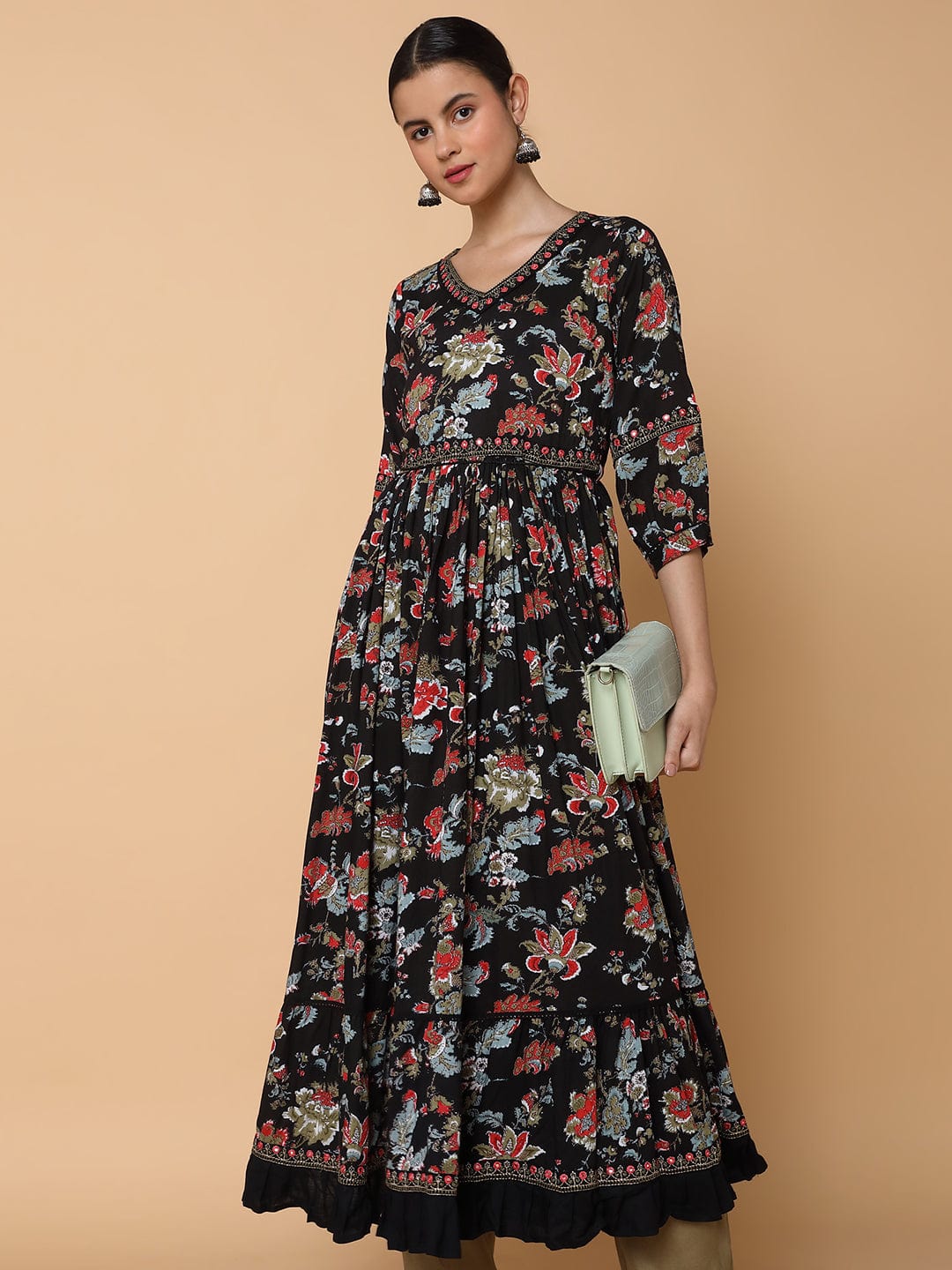 Women's Floral Black Anarkali Kurta