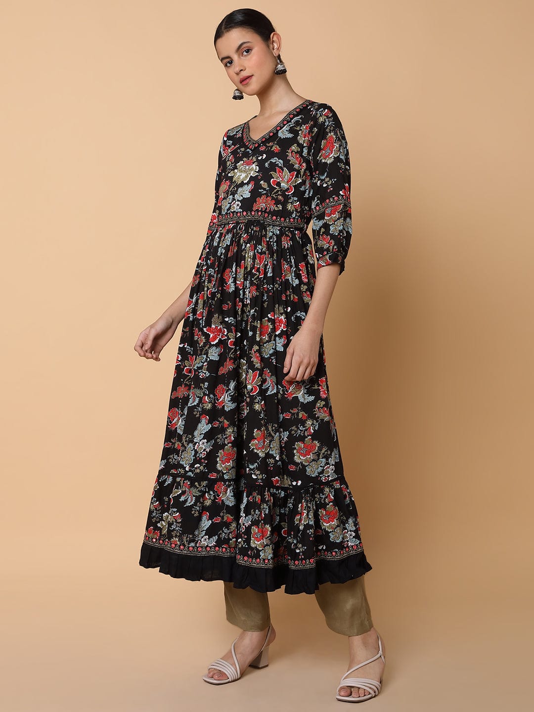Women's Floral Black Anarkali Kurta
