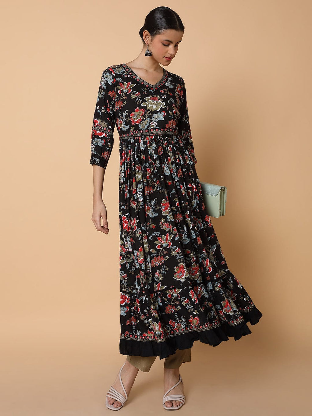 Women's Floral Black Anarkali Kurta