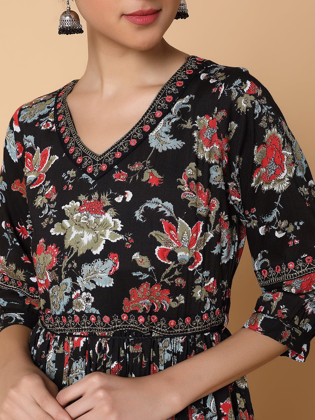 Women's Floral Black Anarkali Kurta