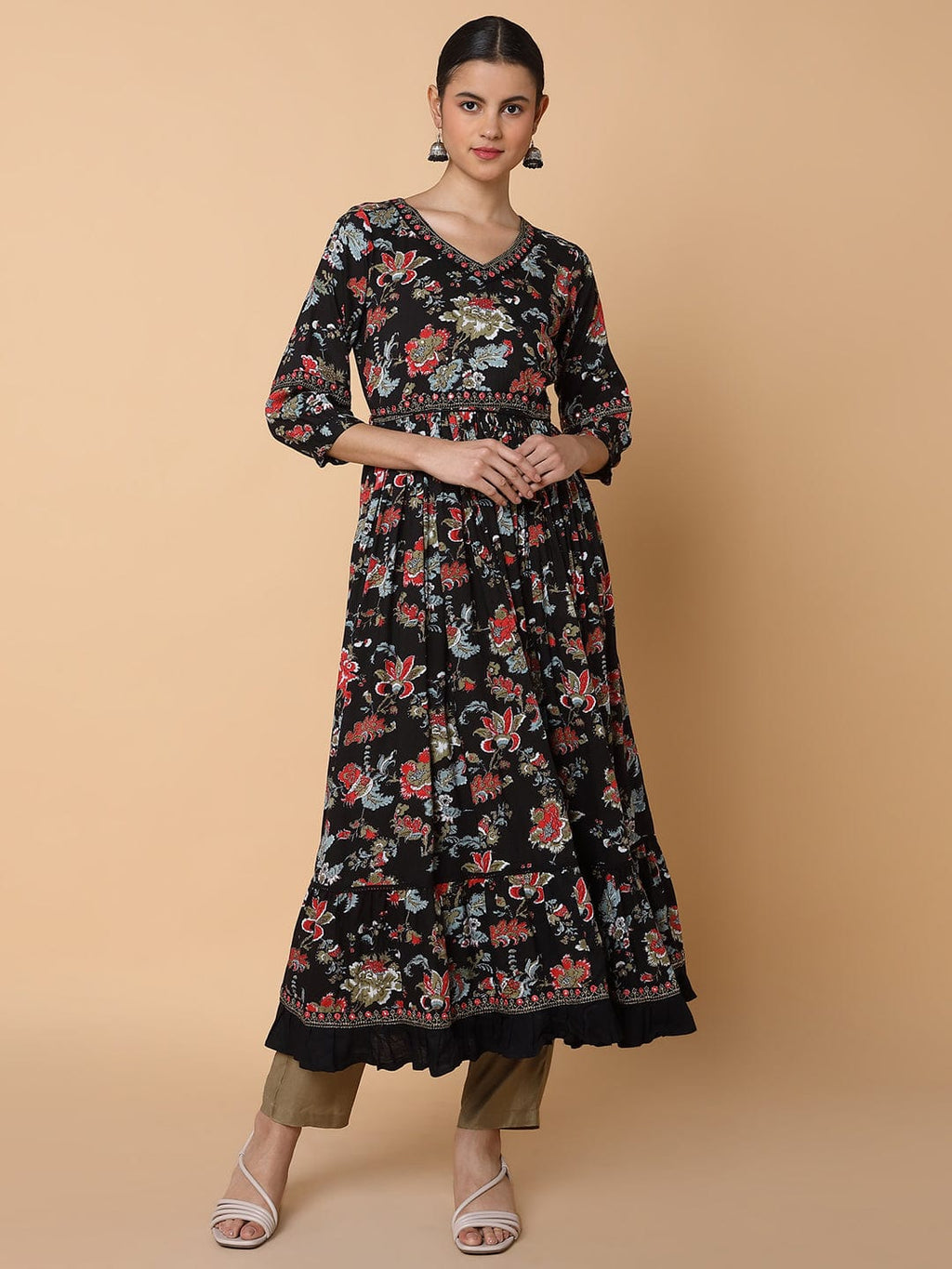 Women's Floral Black Anarkali Kurta