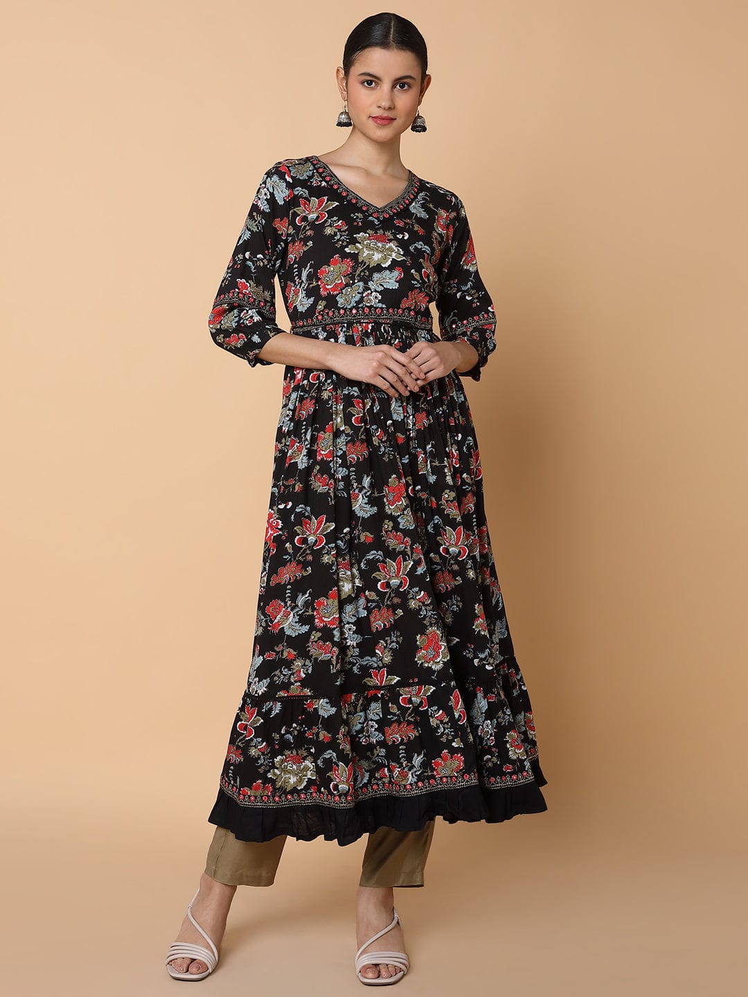 Women's Floral Black Anarkali Kurta