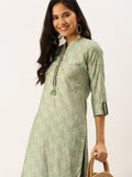 Women's Mandarin Collar Printed Sea Green Straight Kurta
