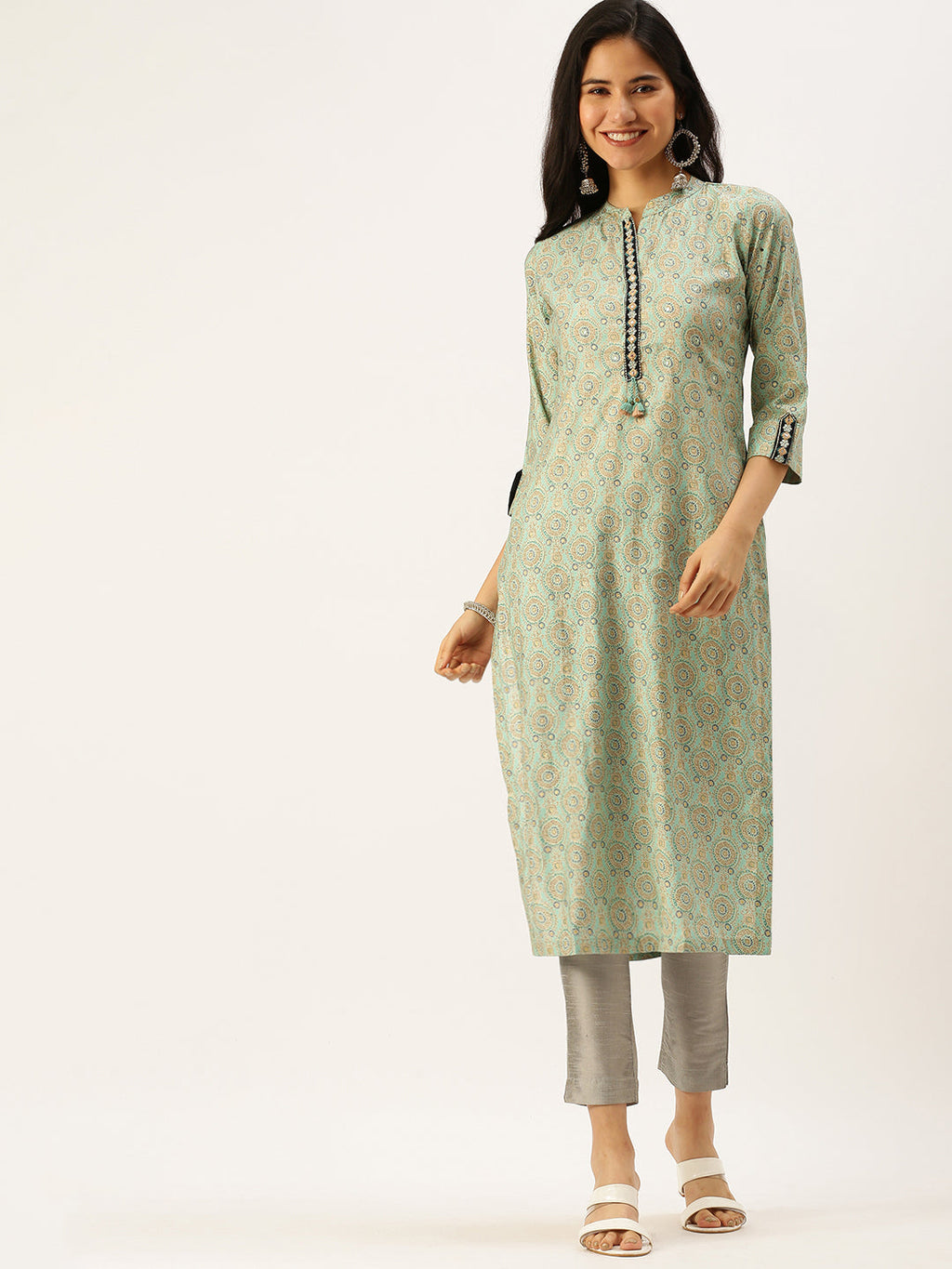 Women's Mandarin Collar Printed Sea Green Straight Kurta