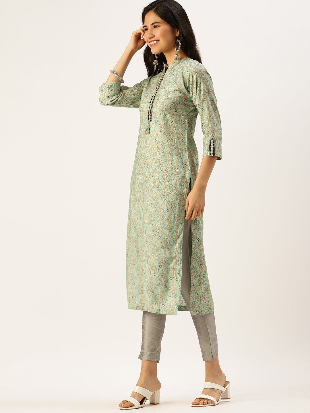 Women's Mandarin Collar Printed Sea Green Straight Kurta