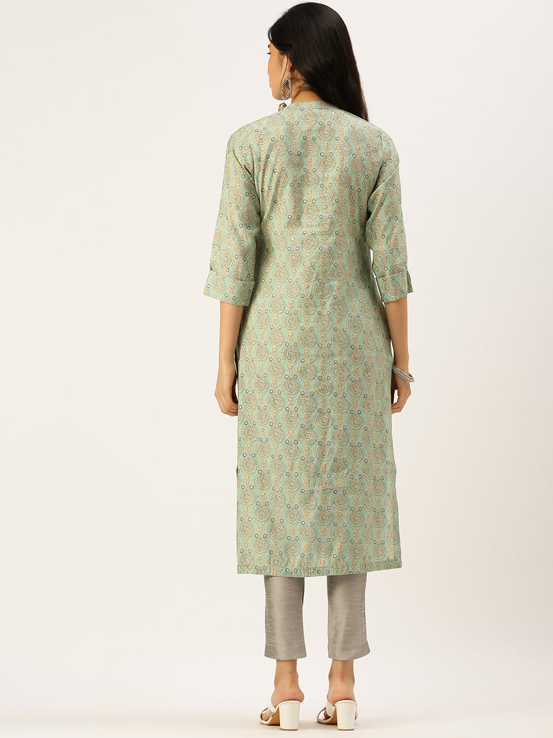 Women's Mandarin Collar Printed Sea Green Straight Kurta