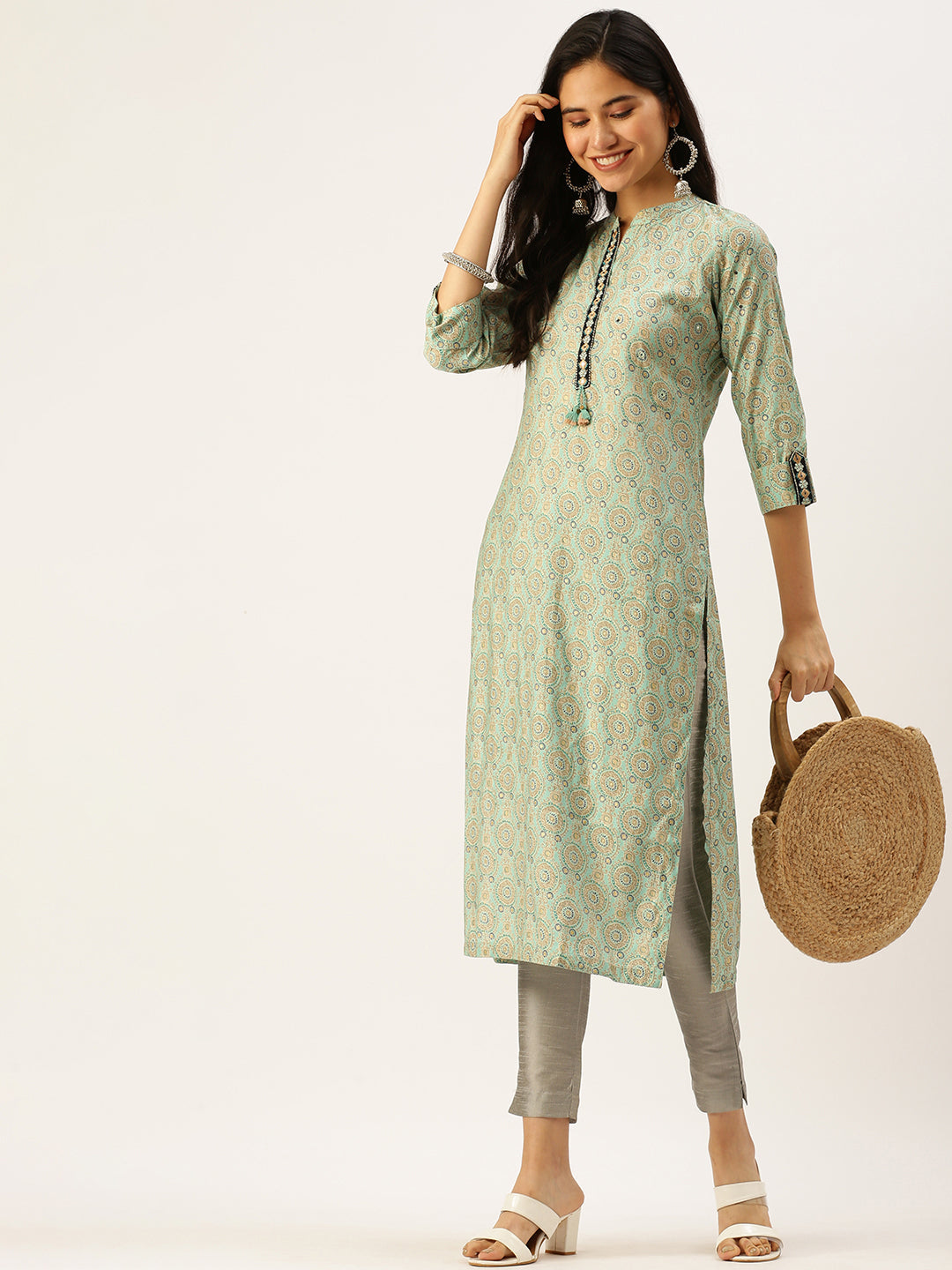 Women's Mandarin Collar Printed Sea Green Straight Kurta