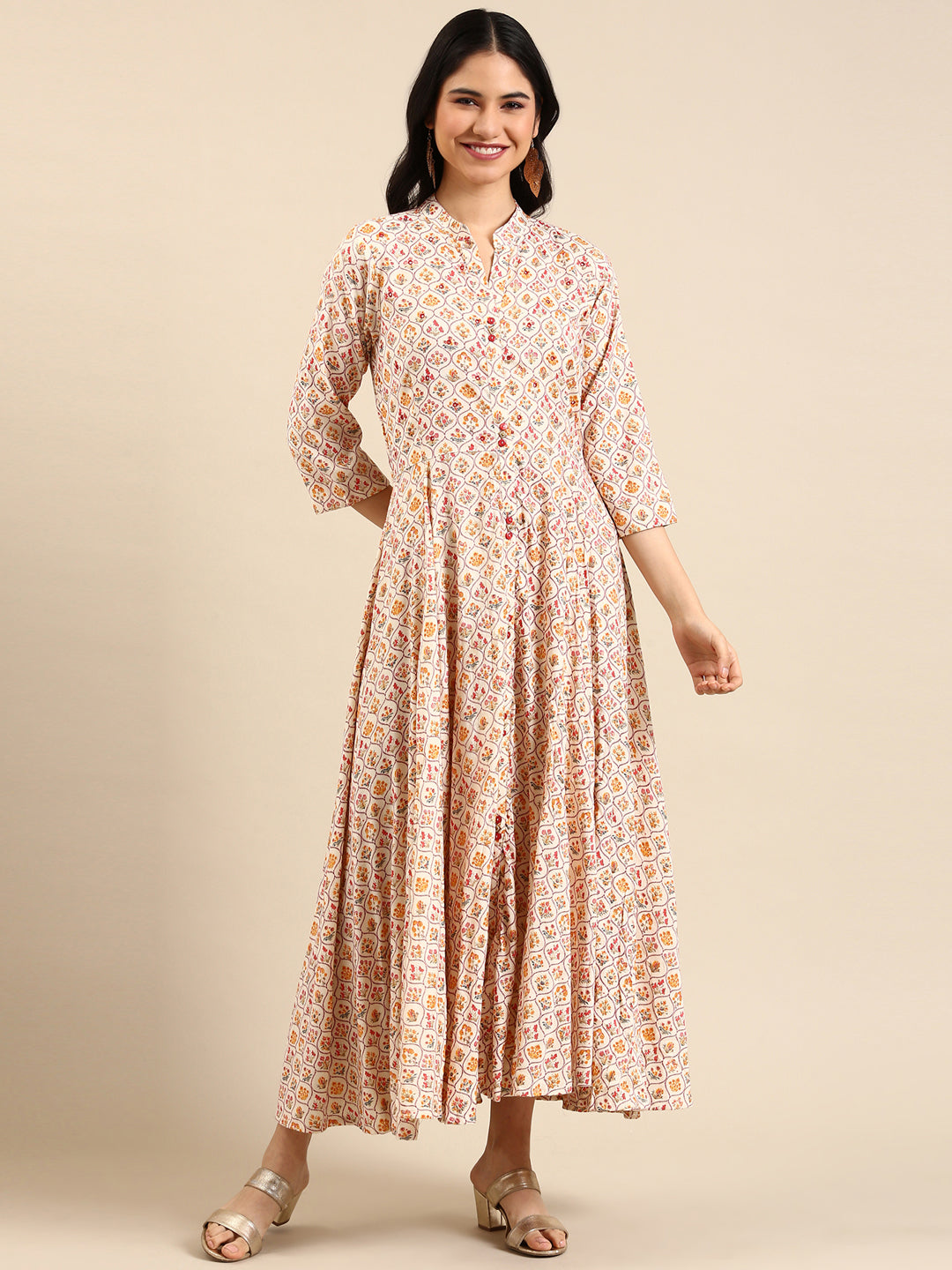 Women's Cream Floral Printed Mirror Work Cotton Anarkali Kurta