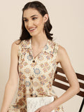 Women's Cream Ethnic Motifs Printed Cotton A Line Kurta
