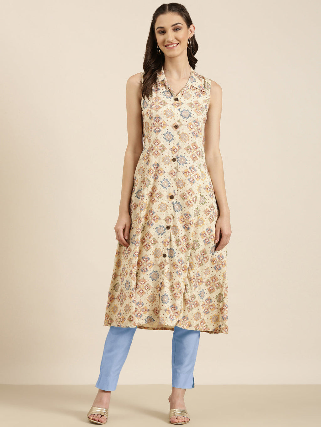 Women's Cream Ethnic Motifs Printed Cotton A Line Kurta