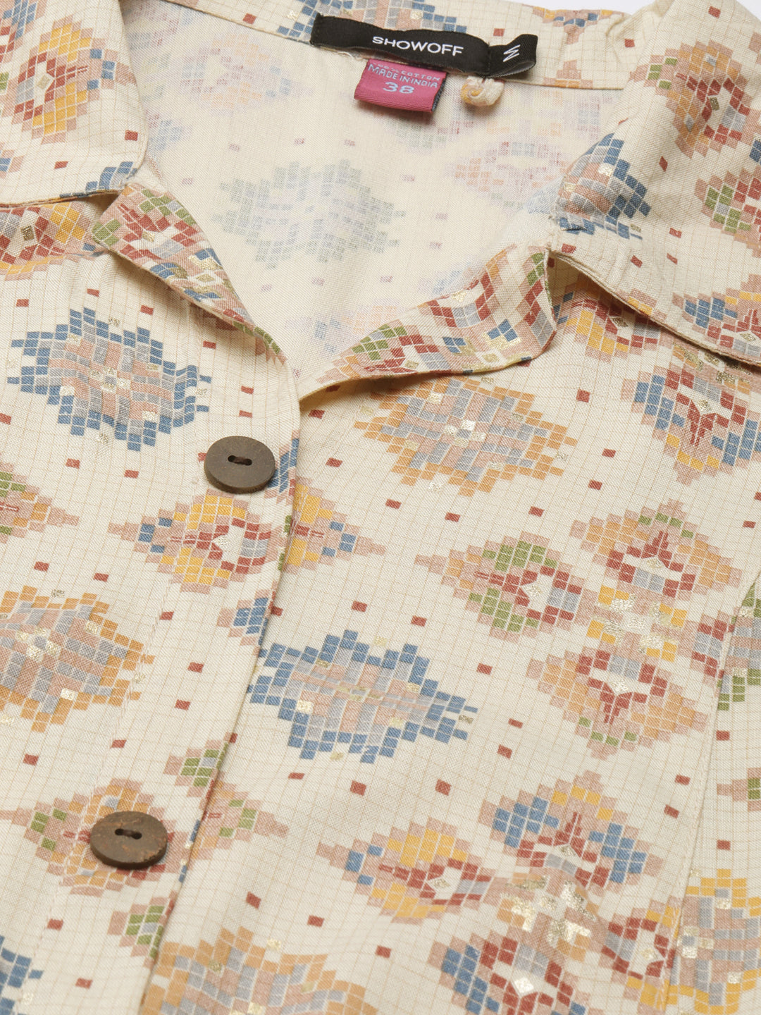 Women's Cream Ethnic Motifs Printed Cotton A Line Kurta