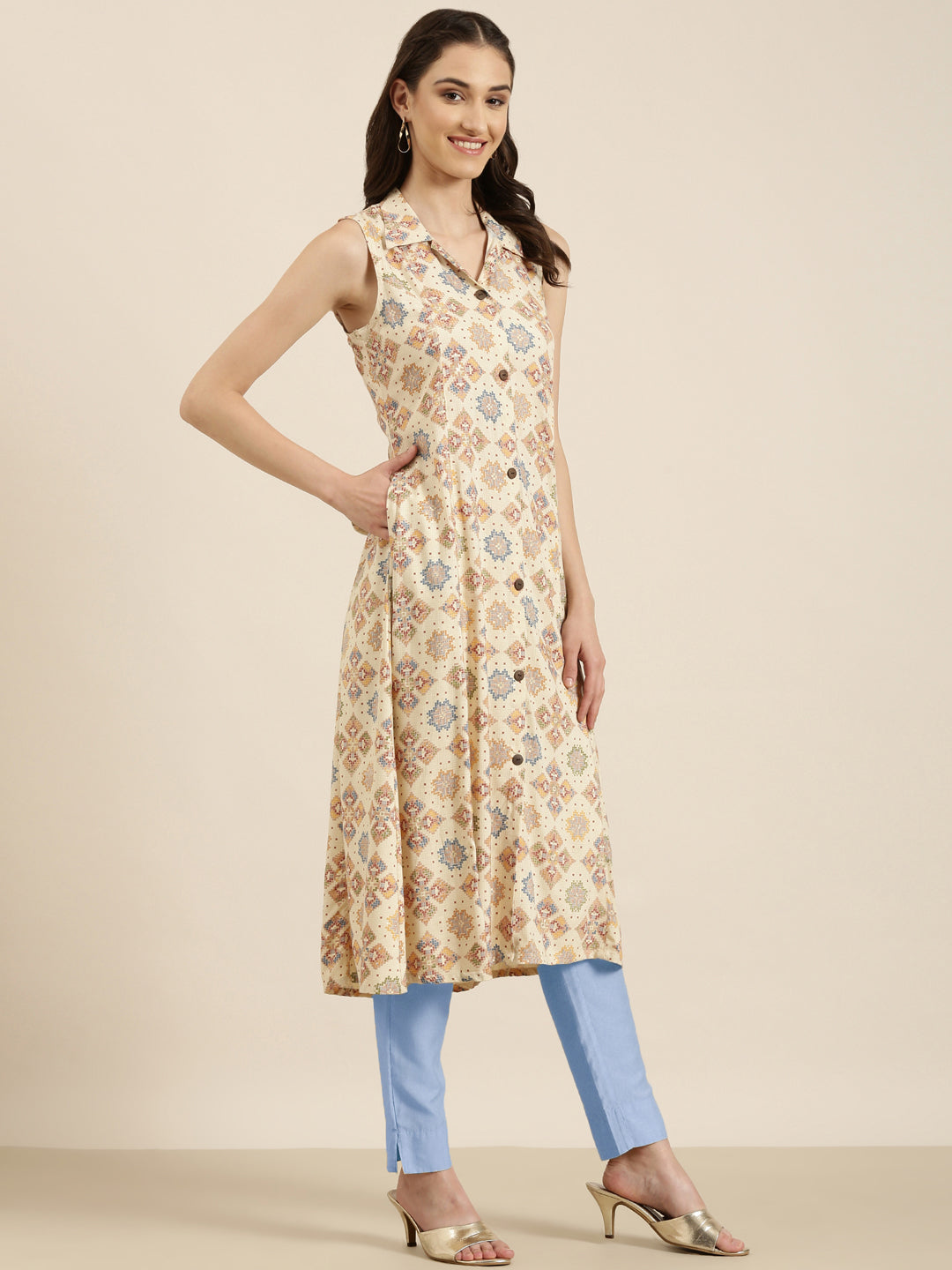 Women's Cream Ethnic Motifs Printed Cotton A Line Kurta