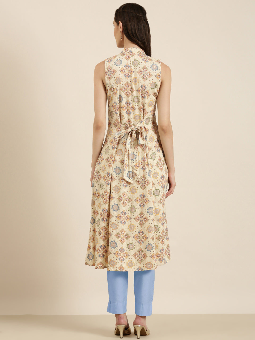 Women's Cream Ethnic Motifs Printed Cotton A Line Kurta