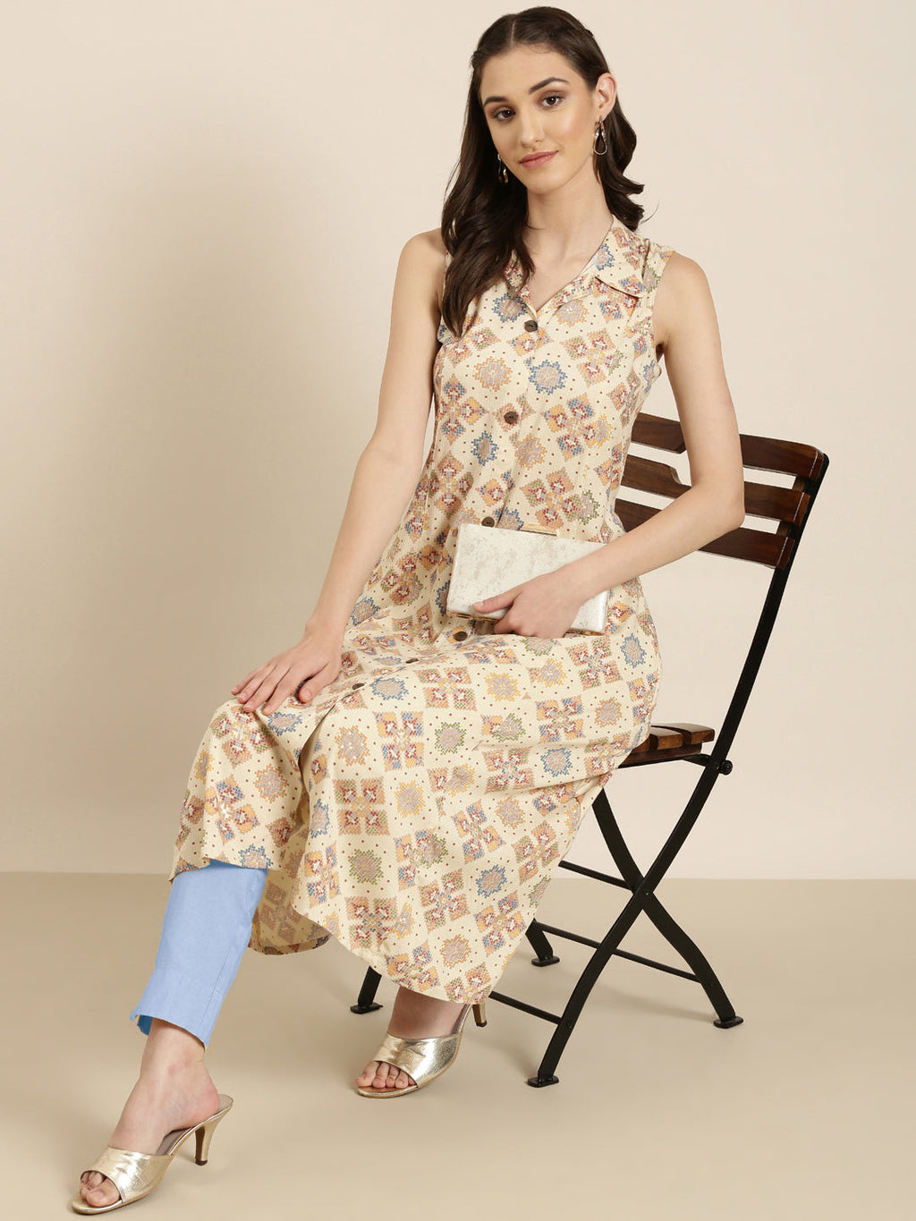 Women's Cream Ethnic Motifs Printed Cotton A Line Kurta