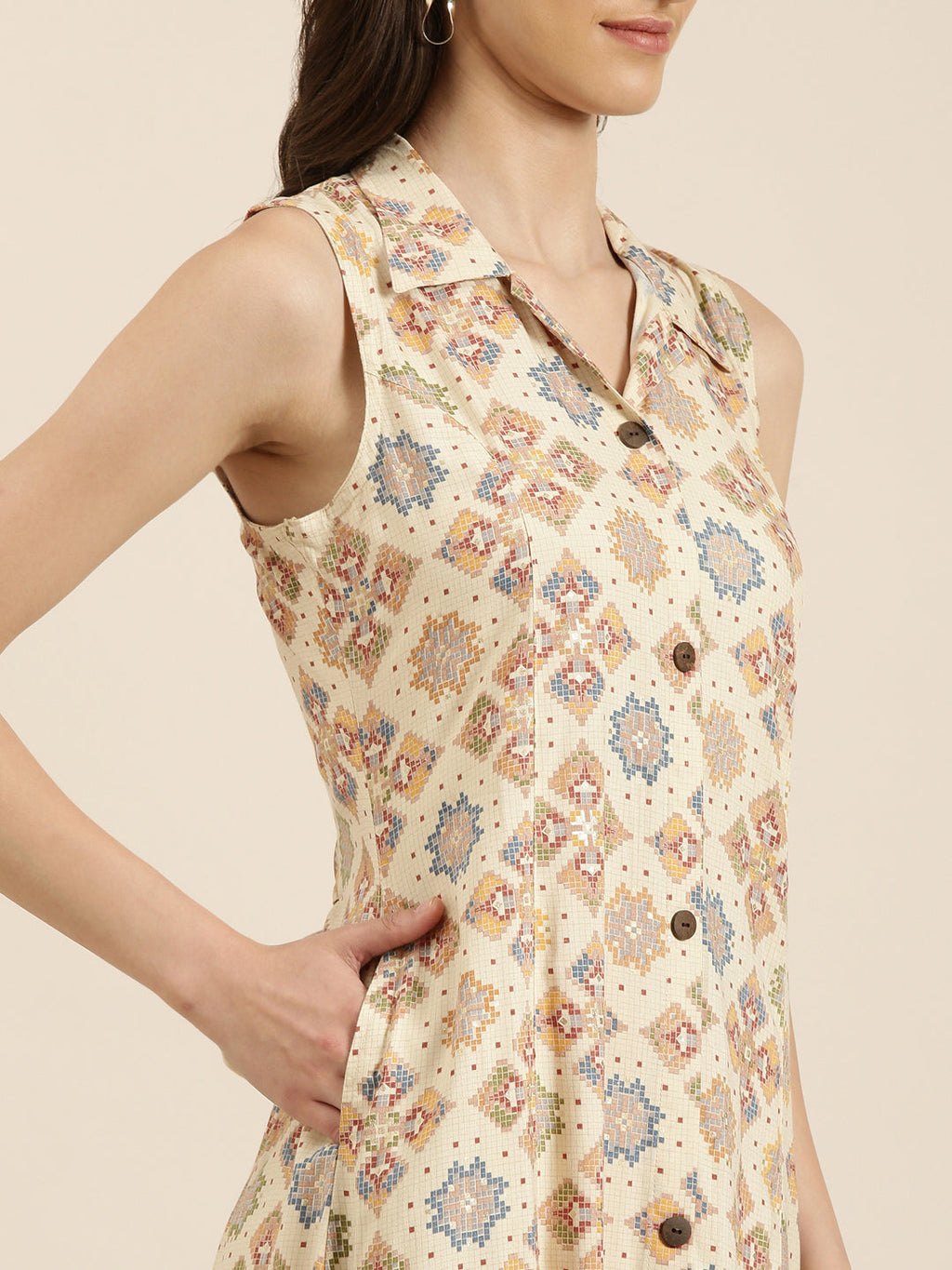 Women's Cream Ethnic Motifs Printed Cotton A Line Kurta
