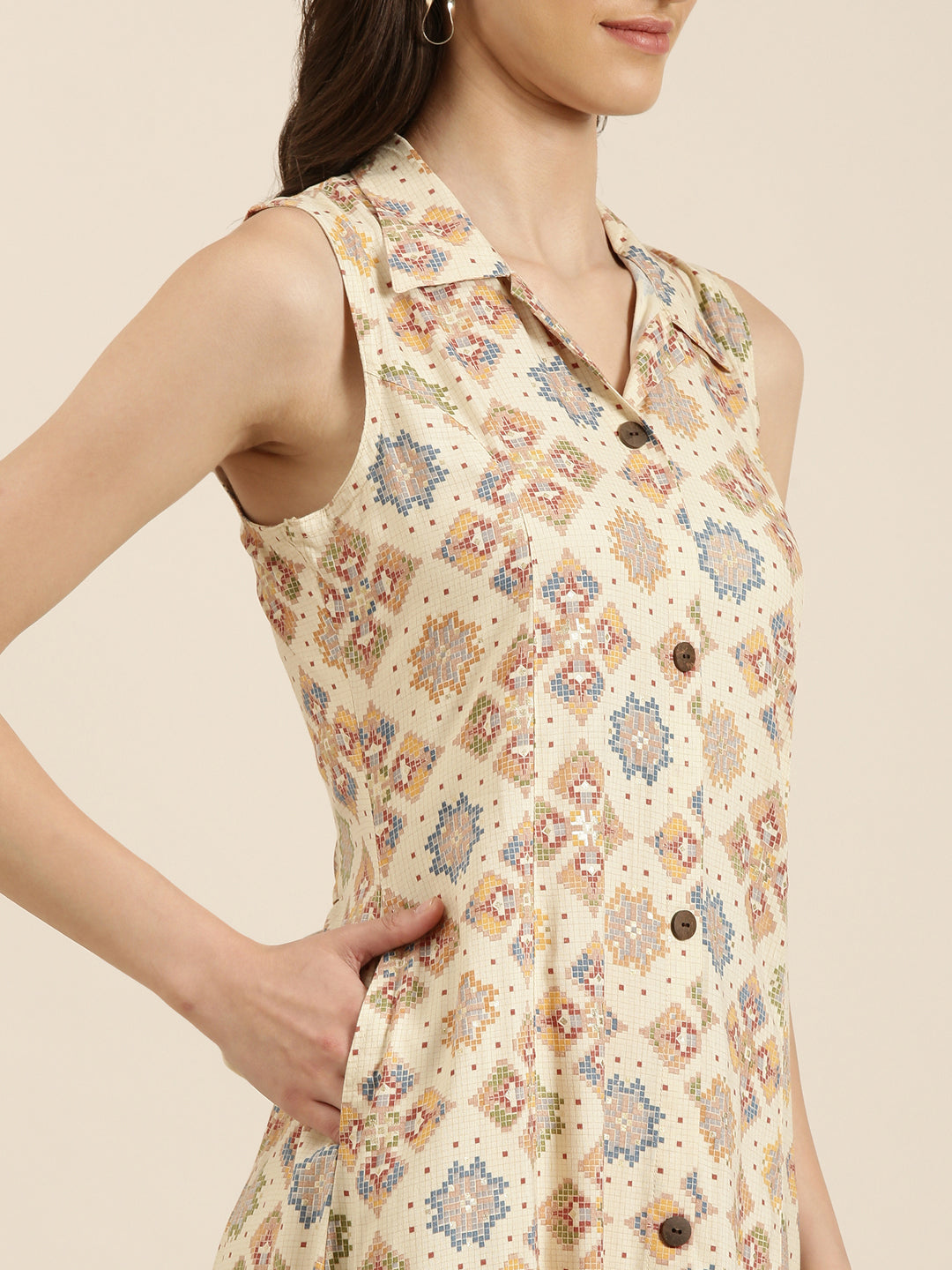 Women's Cream Ethnic Motifs Printed Cotton A Line Kurta