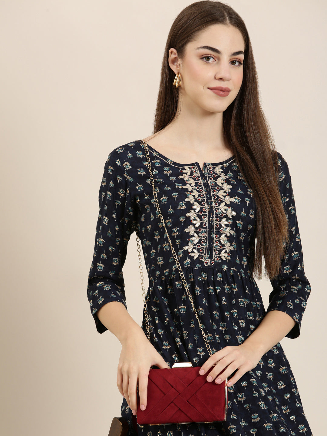 Women's Navy Blue Floral Printed Beads and Stones Straight Kurta