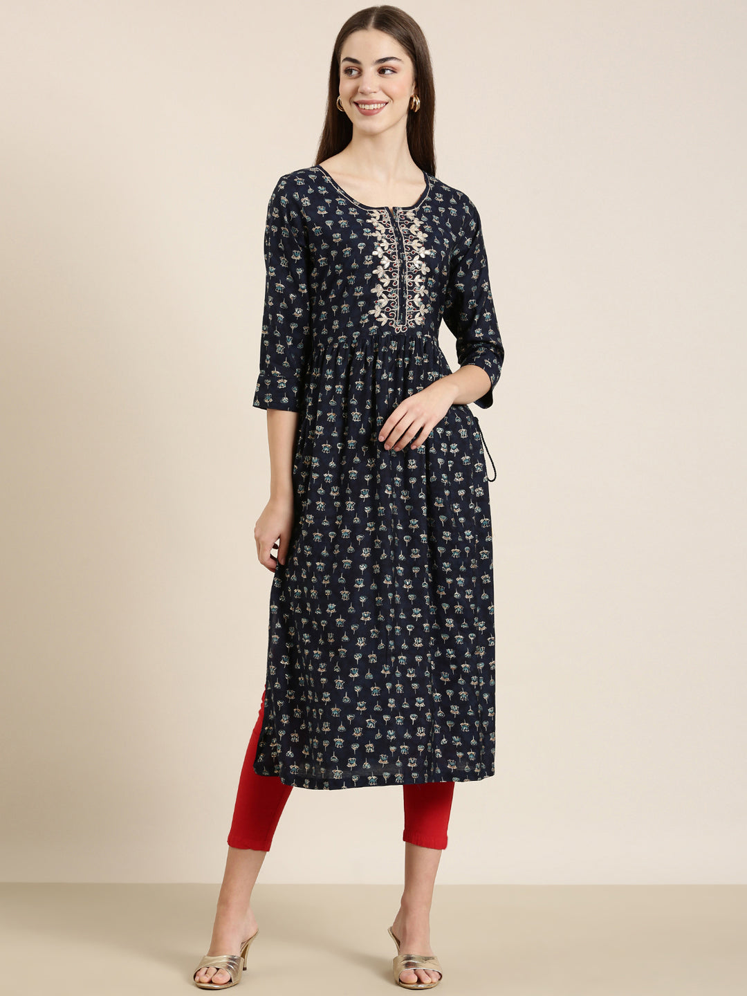 Women's Navy Blue Floral Printed Beads and Stones Straight Kurta