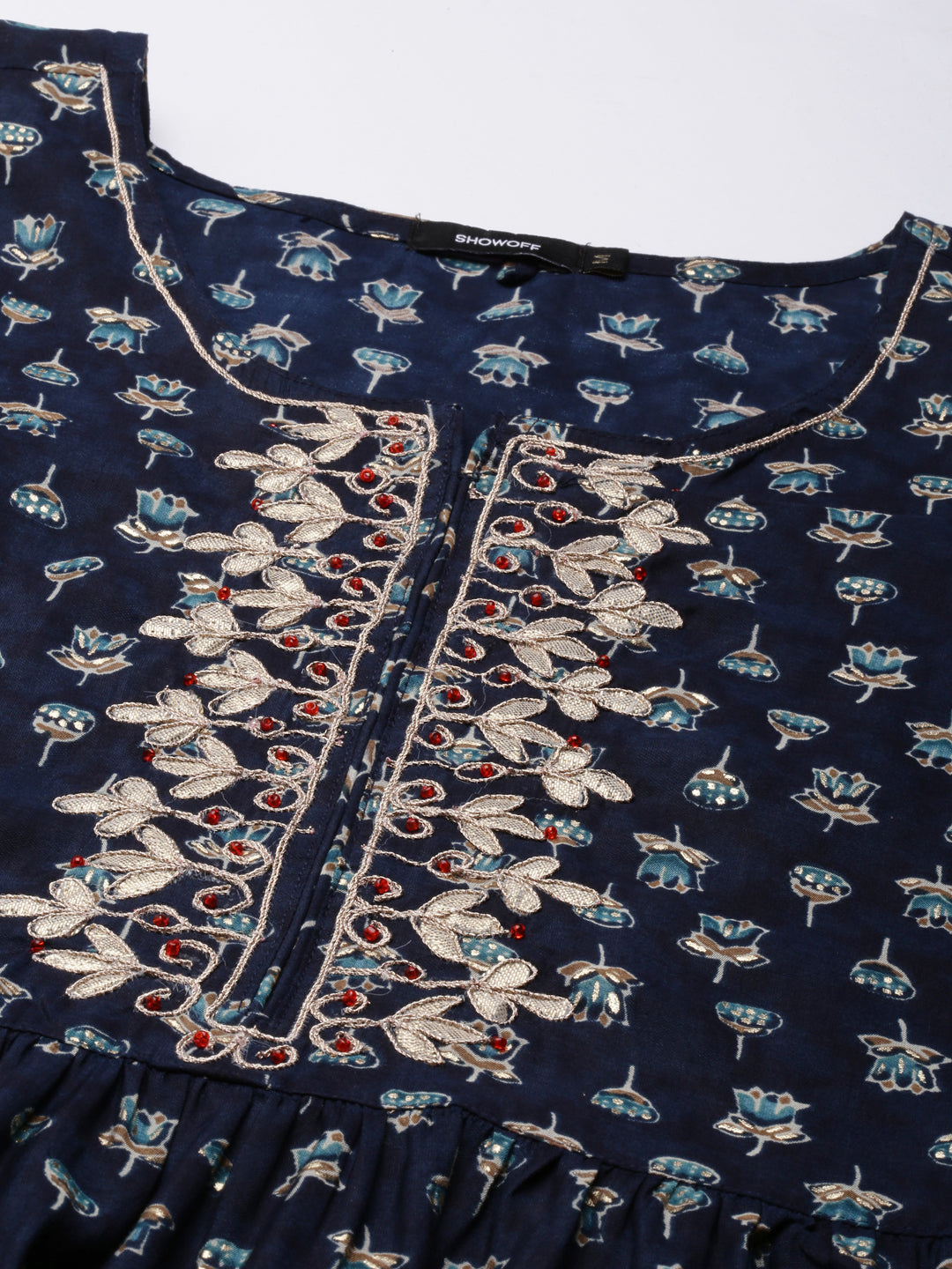Women's Navy Blue Floral Printed Beads and Stones Straight Kurta