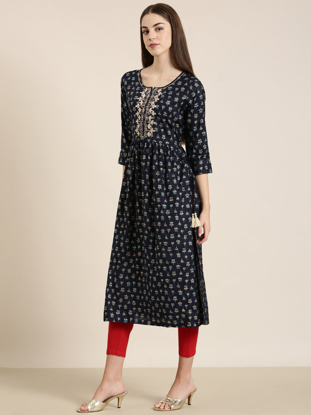 Women's Navy Blue Floral Printed Beads and Stones Straight Kurta
