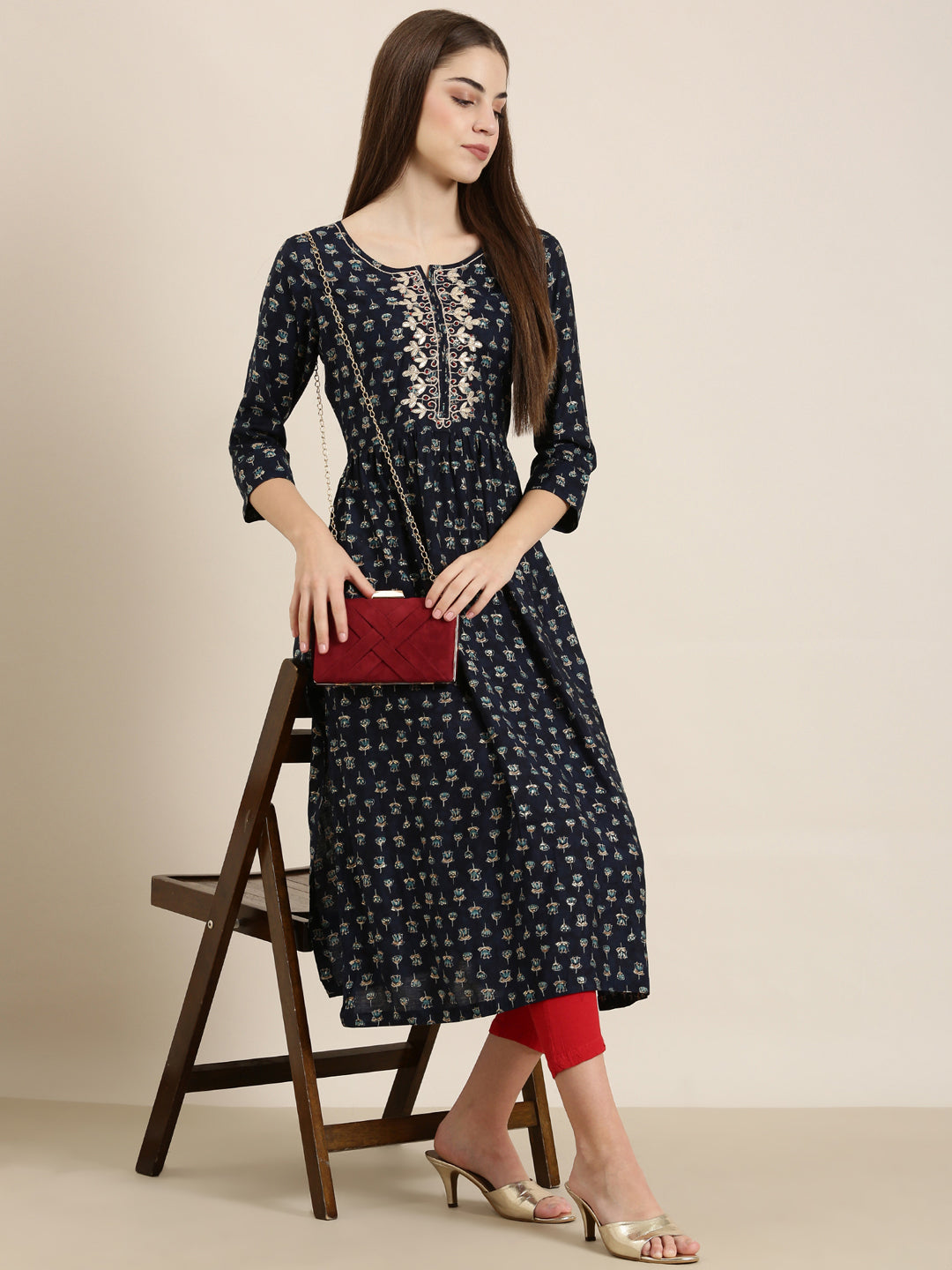 Women's Navy Blue Floral Printed Beads and Stones Straight Kurta