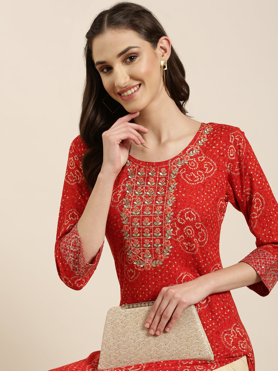 Women's Red Ethnic Motif Printed Thread Work Straight Kurta