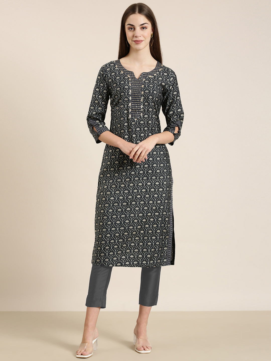 Women's Grey Floral Printed Cotton Sequinned Straight Kurta