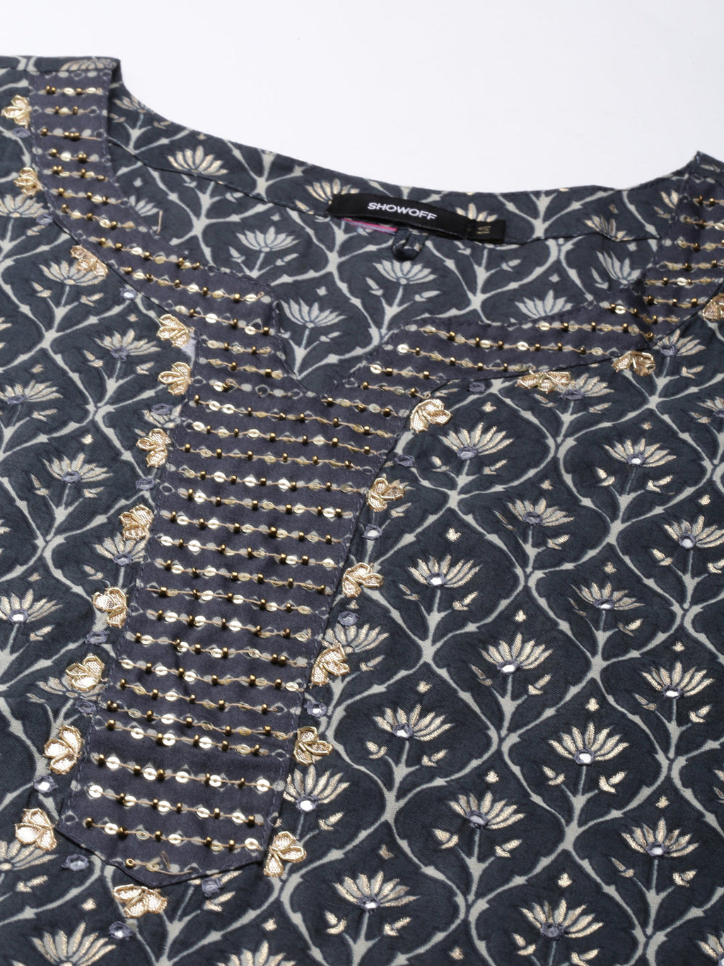 Women's Grey Floral Printed Cotton Sequinned Straight Kurta