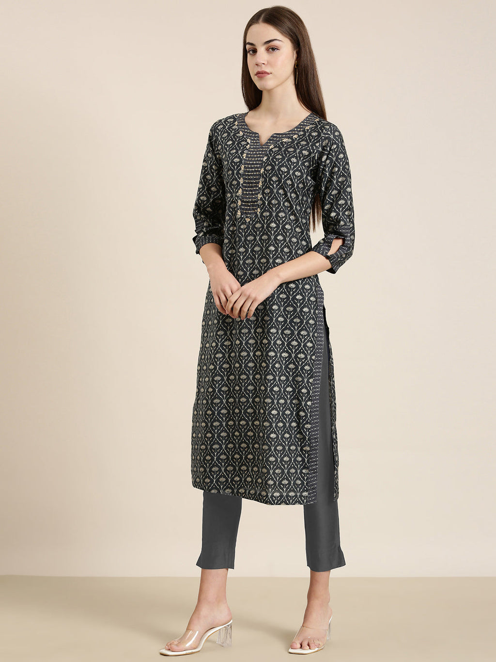 Women's Grey Floral Printed Cotton Sequinned Straight Kurta