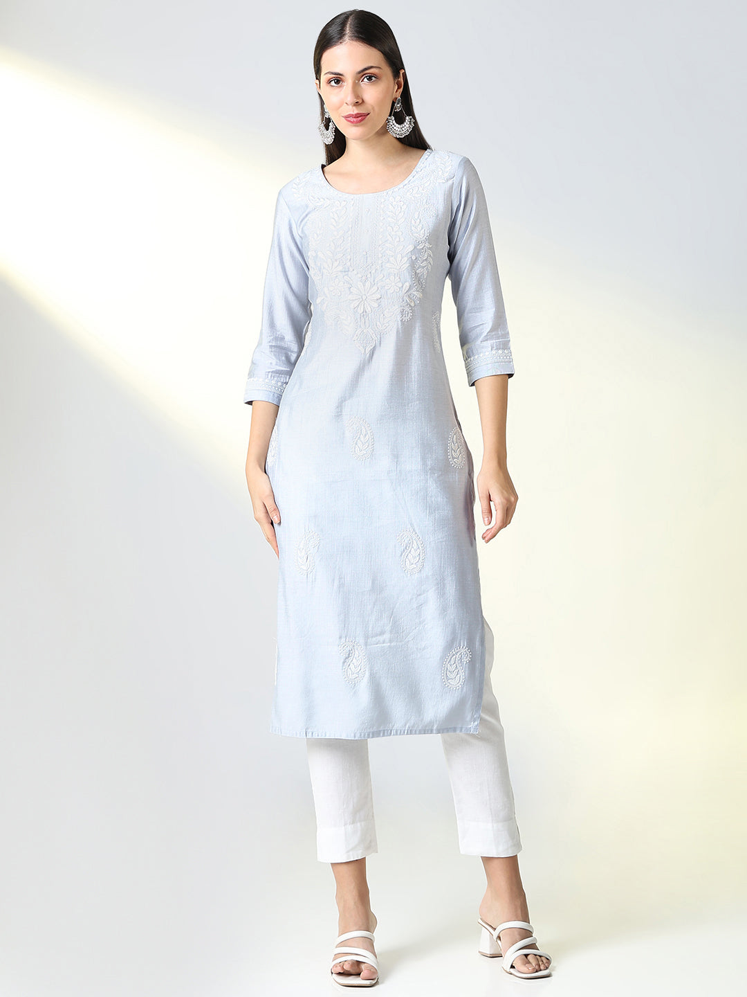 Women's Grey Floral Straight Kurta
