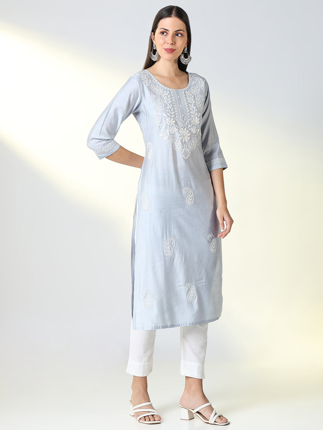 Women's Grey Floral Straight Kurta